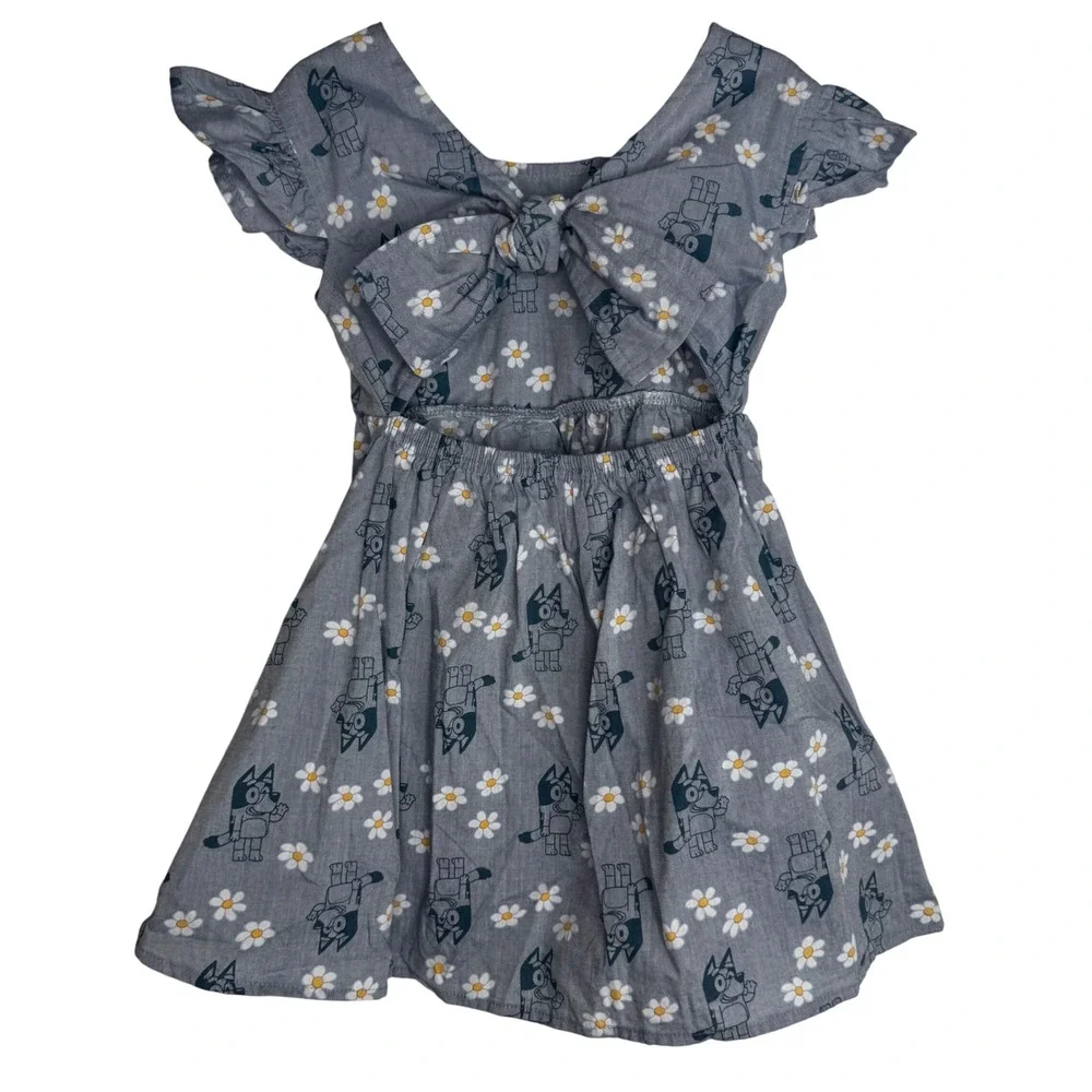 Bluey Girls 3T Blue Daisy Print Chambray Flutter Sleeve Dress Bow‎ Back